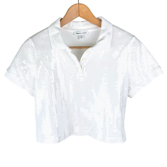 Express x Karla : White Sequin Cropped Polo Shirt Sparkle Party Ribbed : M - Picture 1 of 11
